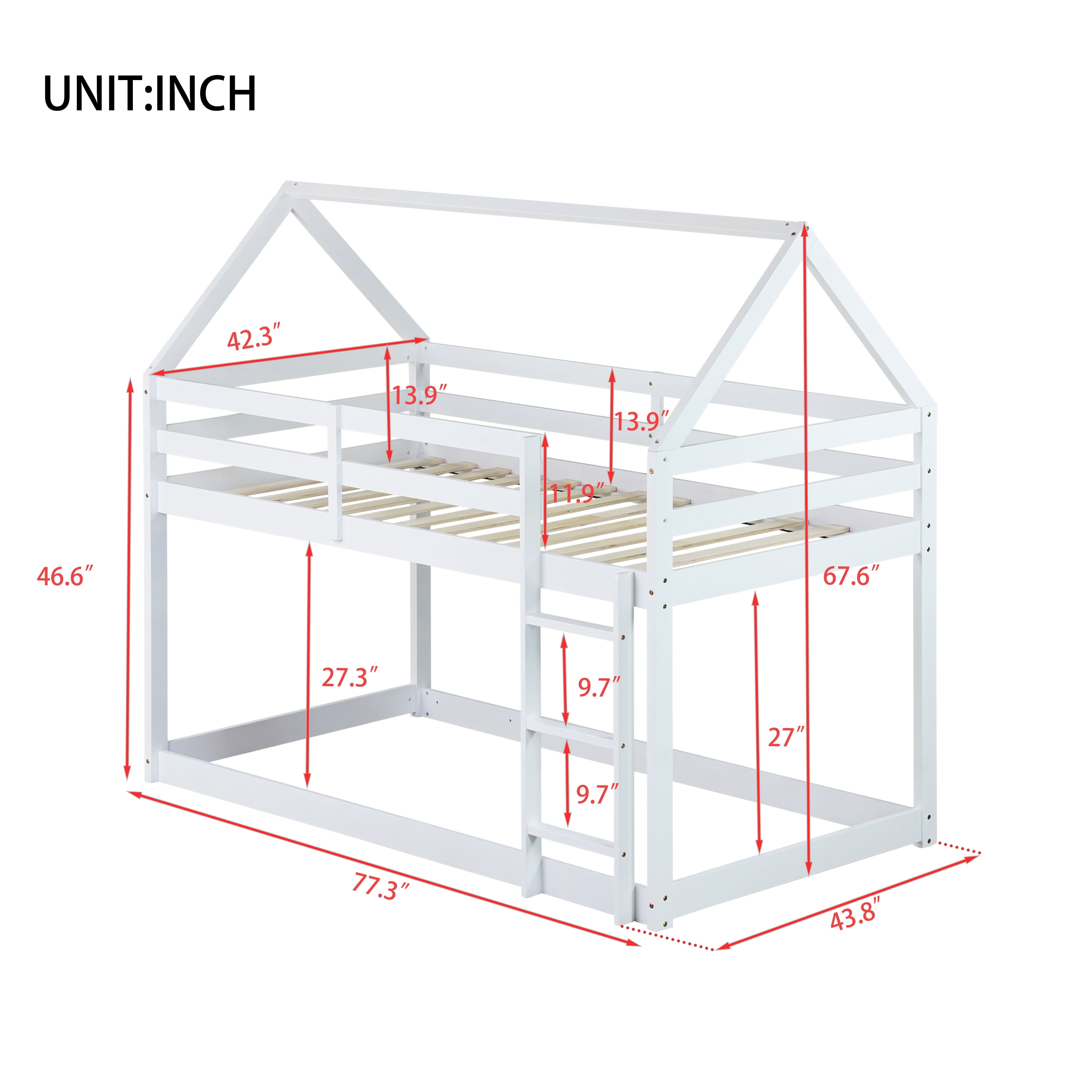 Miniyam Wood Twin over Twin Bunk Bed, House-Shaped Design for Kids and Teens, White