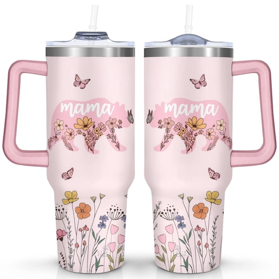 Mama Bear Vacuum Insulated Water Bottle Travel Coffee Mug Cup Tumbler with Handle Lid and Straw, Mothers Day Gifts from Daughter, Birthday Gifts for Mom Mama