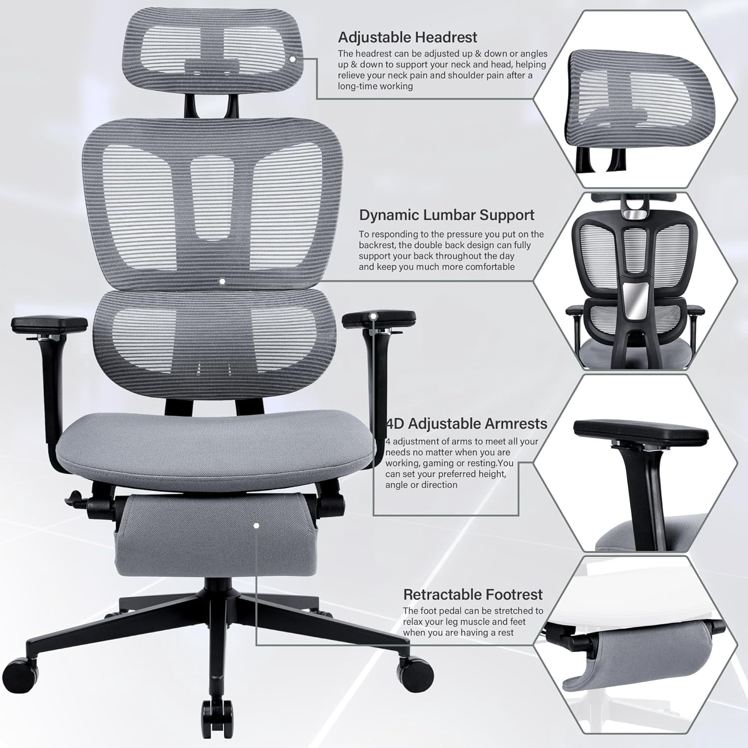 Ergonomic Office Chair with Foot Rest, High Back Computer Office Chair with Dynamic Lumbar Support, 2D Headrest, 4D Armrest, Sponge Seat, Mesh Home Office Desk Chair for Adults, Black