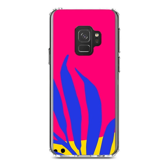DistinctInk Clear Shockproof Hybrid Case for Samsung Galaxy S9 (5.8" Screen) - TPU Bumper, Acrylic Back, Tempered Glass Screen Protector - Summer Vibes Bold Flower Blue Pink Yellow