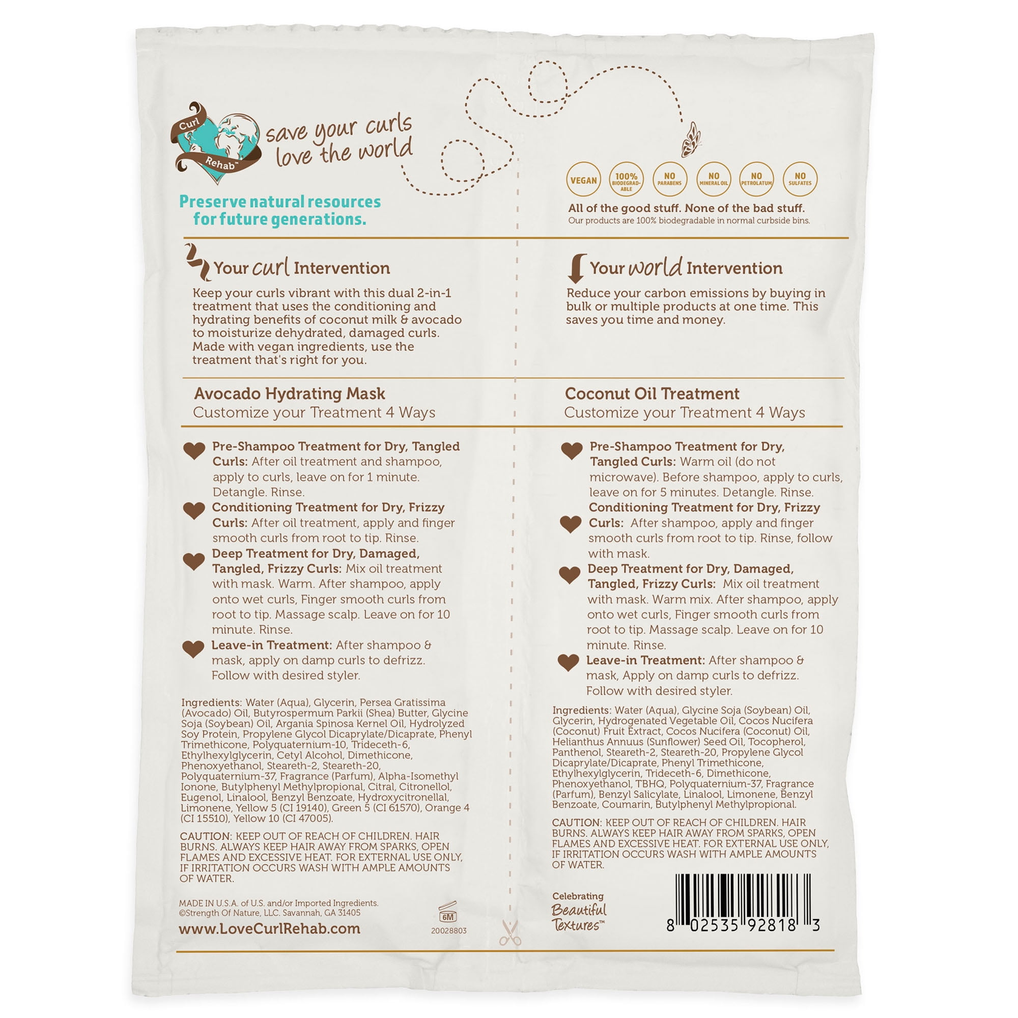 Curl Rehab: Dry Hair/Damage Repair Dual Treatment Packette - Coconut Milk & Avocado hydrating mask packette - 4.8 oz.