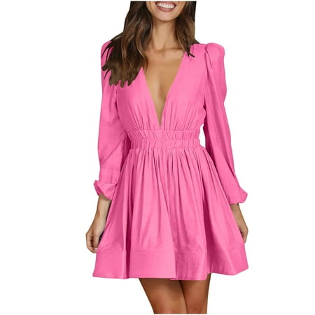 QUYUON Womens Midi Dresses Clearance Winter Casual V-Neck Solid Long Sleeve Button Long Dress Wedding Guest Dresses Women Formal Midi Ball Gown Dress Style D-15027 Pink M