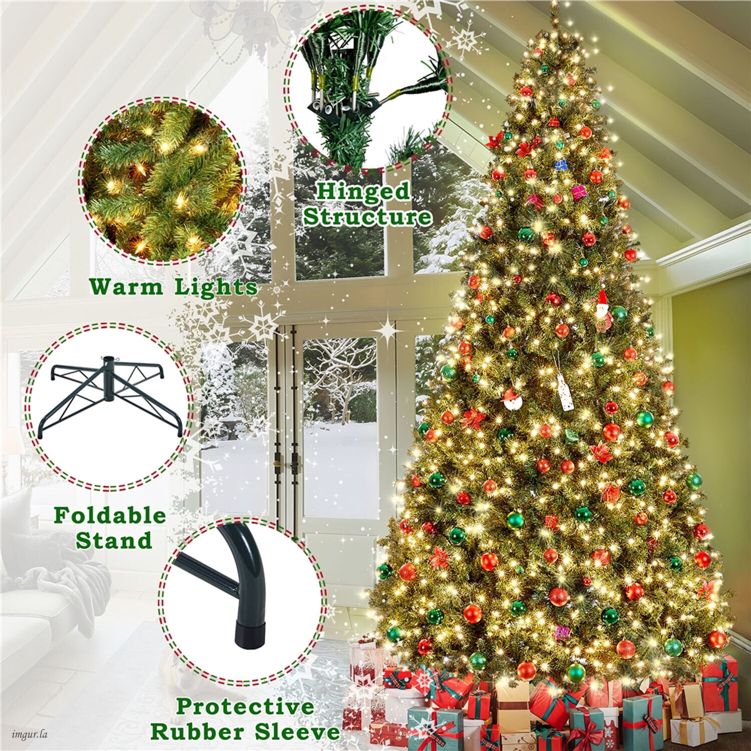 Alden Design 12FT Artificial Christmas Fir Tree with Foldable Stand,Pre-lit Xmas Tree with 1500 LED Warm Lights,Green