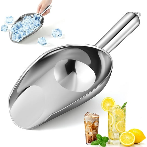 Ice Scoop for Freezer – 18oz Metal Ice Scooper for Ice Machine with Long Handle – Dishwasher Safe Stainless Steel Scoop for Ice Bucket, Dog Food, Flour, Canisters – for Bar, Party & Wedding