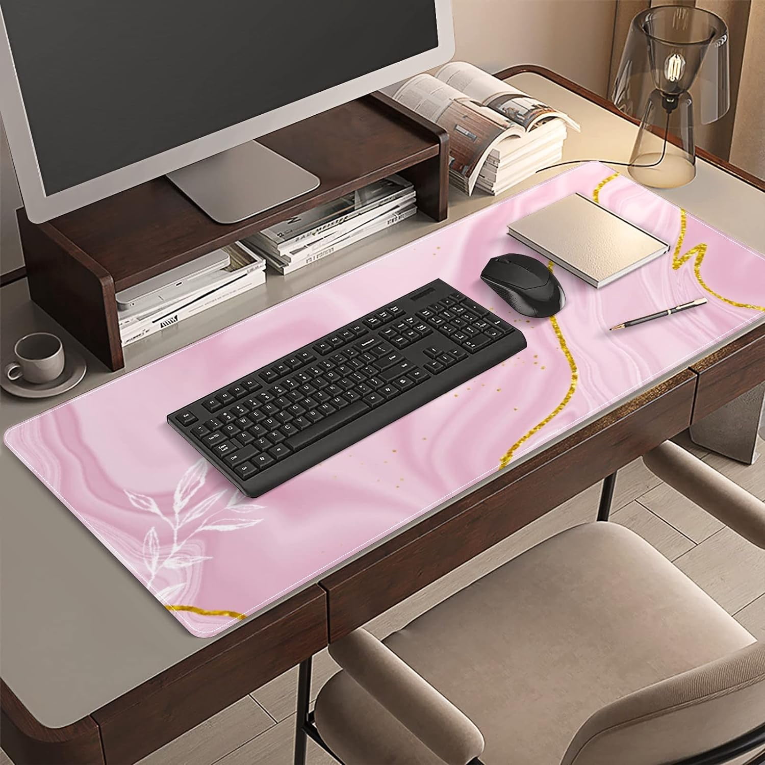 Pink Marble Gold Desk Mat, Desk Accessory, Cute Workspace, Trendy Workspace, Trendy, 35.4x15.7in Large Gaming Mouse Pad, Cute Desk Topper, Pretty Desk Pad