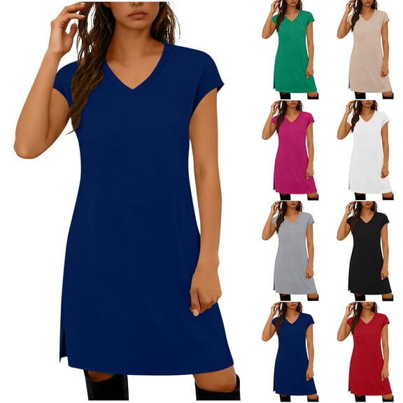 XUNKUSGA Dresses for Women Soild Color V Neck Cap Sleeve Side Split Womens Sundresses Loose Casual A Line Dresses Soft Cotton Summer Dresses for Beach,Blue,S