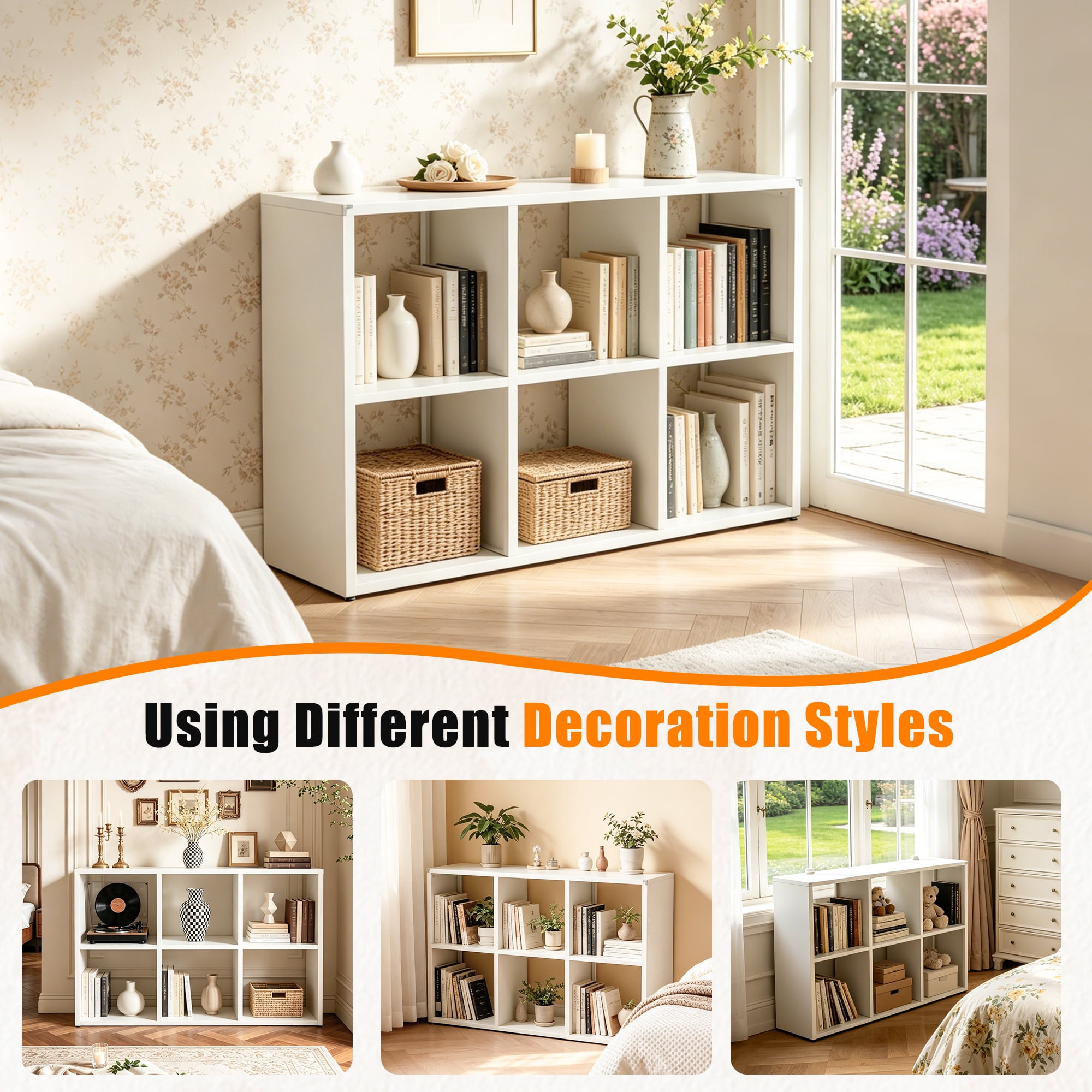 6-Cube Metal Bookshelf, White Open Display Storage Organizer, Tool-Free Assembly Shelf for Living Room Bedroom Home Office