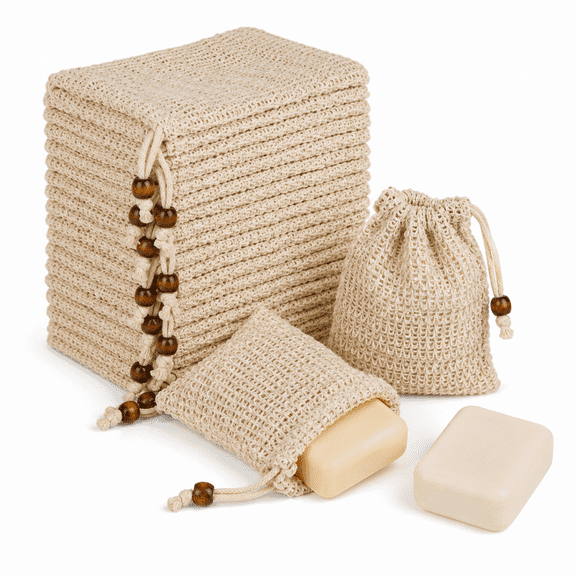 50-Pack Sisal Soap Saver Bags with Drawstring and Wooden Bead – Exfoliating Pouches for Bar Soap, Designed for Foaming, Drying, and Gentle Exfoliation in Bath and Shower Use (3.5 x 5.5 Inches)