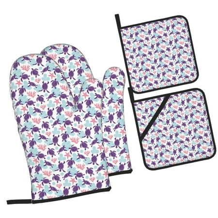 

Pofeuu Ornamental Turtles Print Oven Mitts and Pot Holders 4 pcs Set High Heat Resistant 500 Degree Extra Thicken Long Kitchen Cotton Oven Glove for Cooking