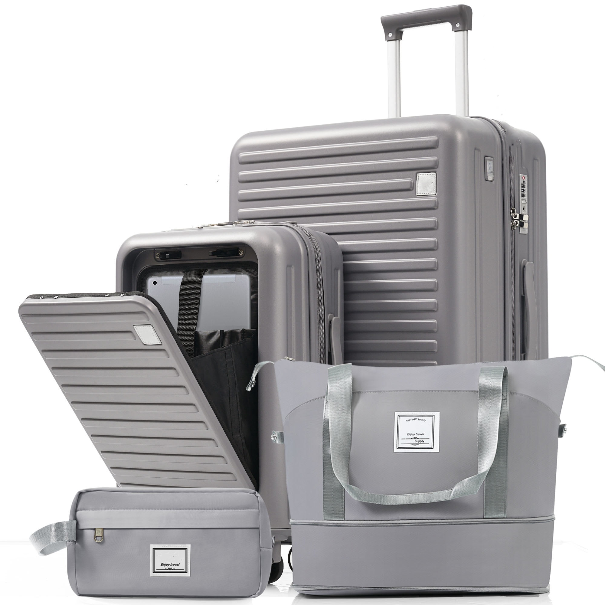 Euroco 4 Piece Luggage Sets,20" Carry-On Luggage with Front-Opening & Cup Holder,20/28inch Suitcase Set with USB Port,TSA Lock, Spinner Wheels,Travel Duffel Bag & Dry Toiletry Bag,Grey
