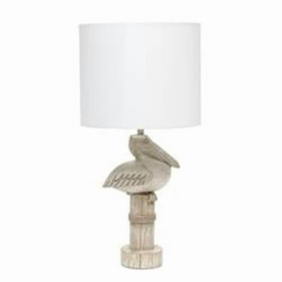 Shoreside 17.25in. Tall Coastal Sitting Pelican Beige Wash Polyresin Bedside Table Desk Lamp with White Fabric Drum Shade