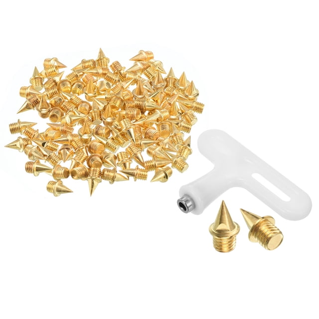 Uxcell 1/4" Clavos de pista de acero conical Accesorios de reemplazo para zapatos deportivos con llave dorada 100 piezas