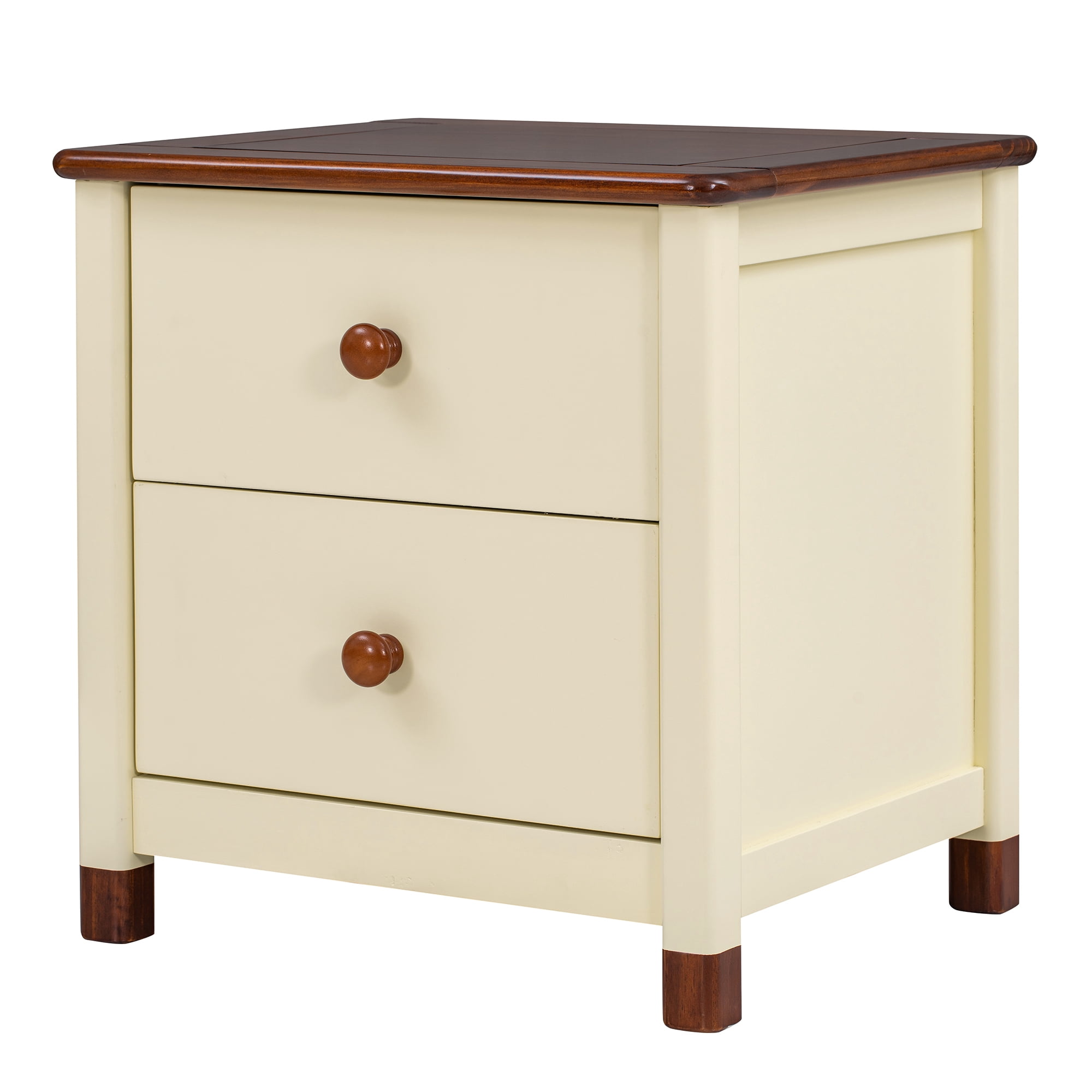EUROCO Wooden Nightstand with Two Drawers for Kids, Pine Wood Bedside Table,  Cute Design End Table for Bedroom,Cream+Walnut