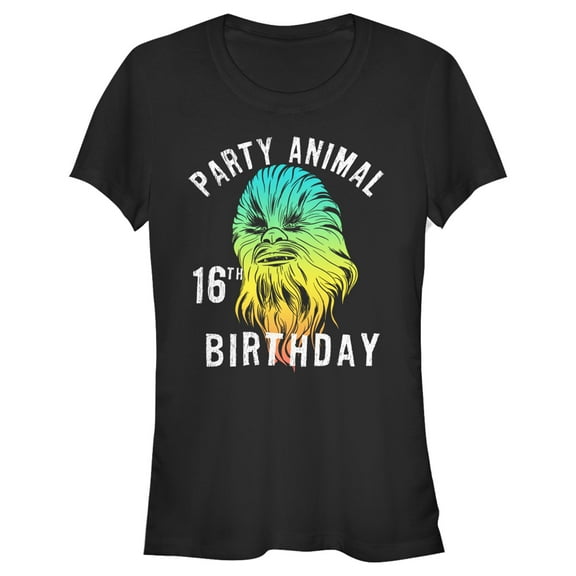 Junior's Star Wars Chewie Party Animal 16th Birthday Color Portrait Graphic Tee Black Medium