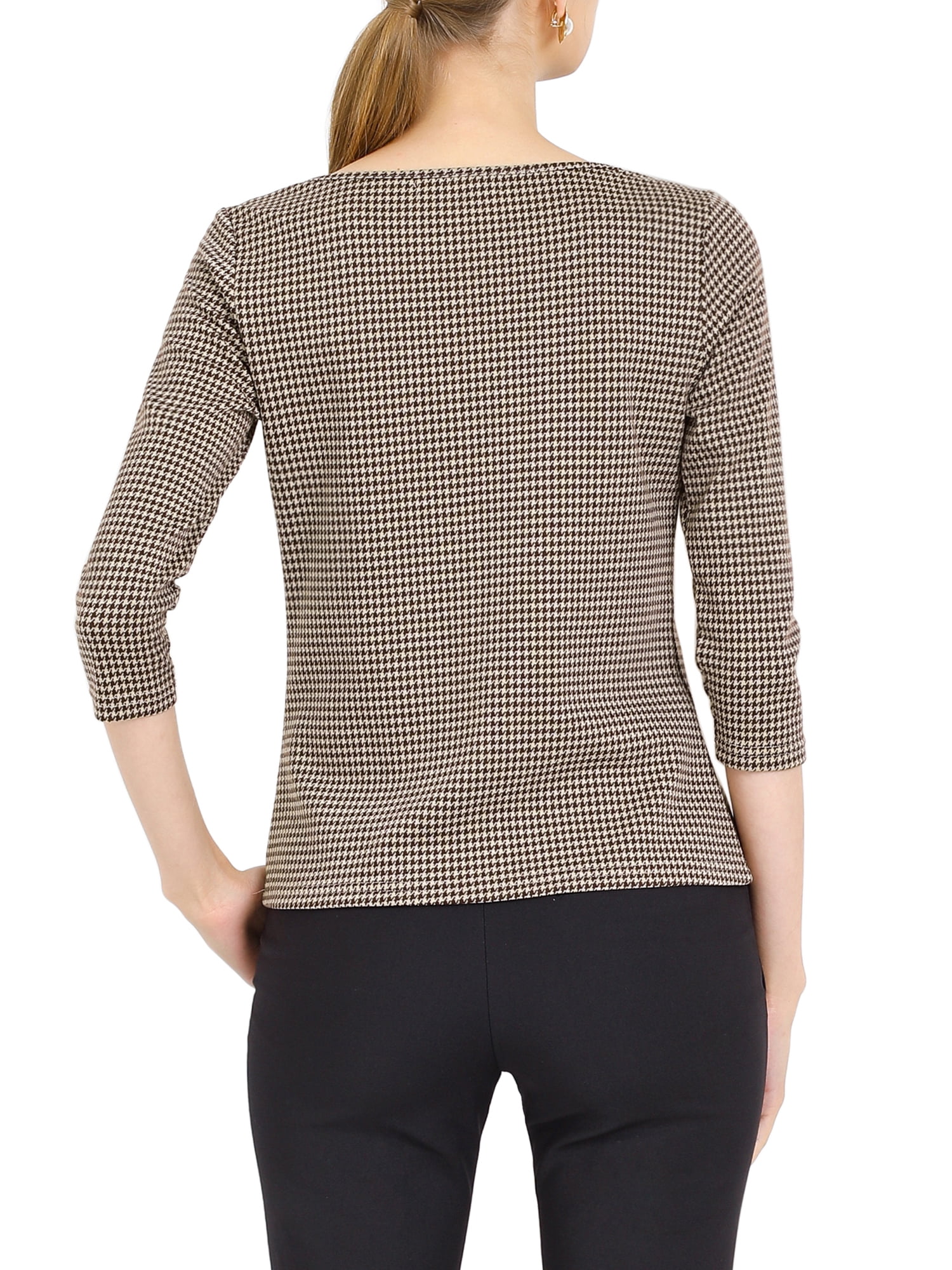 Unique Bargains Women's Work Office 3/4 Sleeve Boat Neck Houndstooth Top S Brown