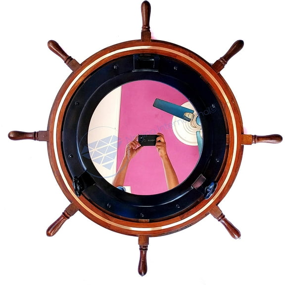 Nagina International Heavy Nautical 36" Ship Wheel with Brass Ring & Blue Porthole Mirror - Pirate Decor