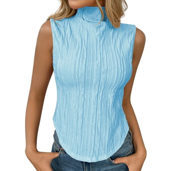 Clearance Staron Womens Tank Top Sleeveless Dressy Solid Shirts High Neck Summer Slim Pleated Tops Curved Hem Trendy T-Shirt