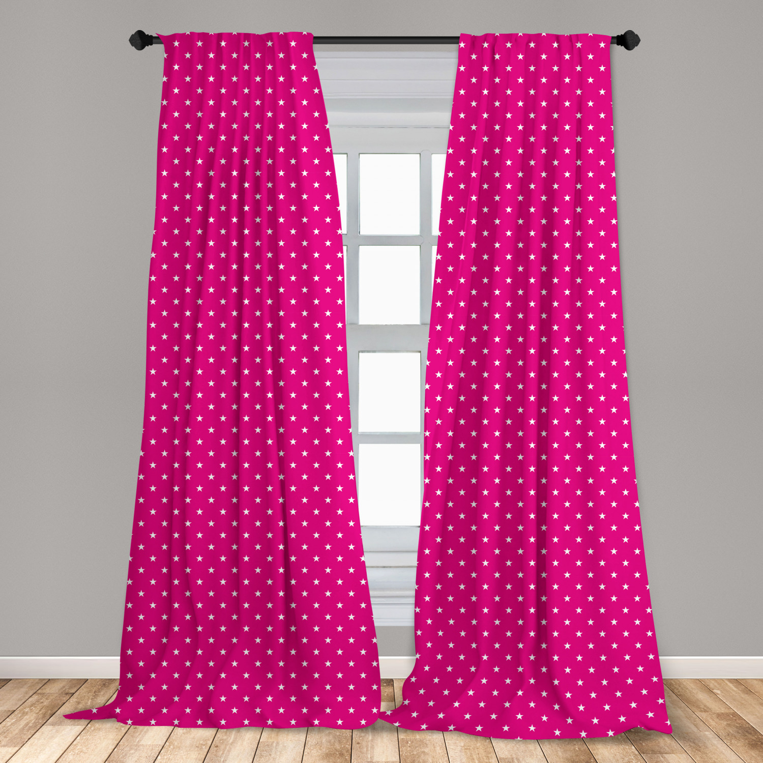 Hot Pink Curtains 2 Panels Set, Symmetrical Pattern with White Stars