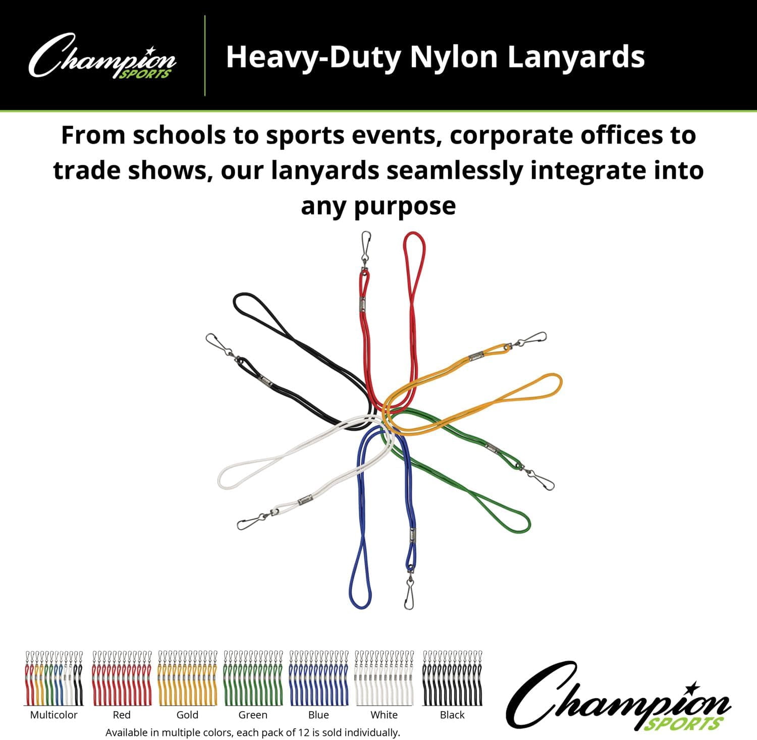 Champion Sports Nylon Lanyards with J-Hook Clip, Gold, Retail Card