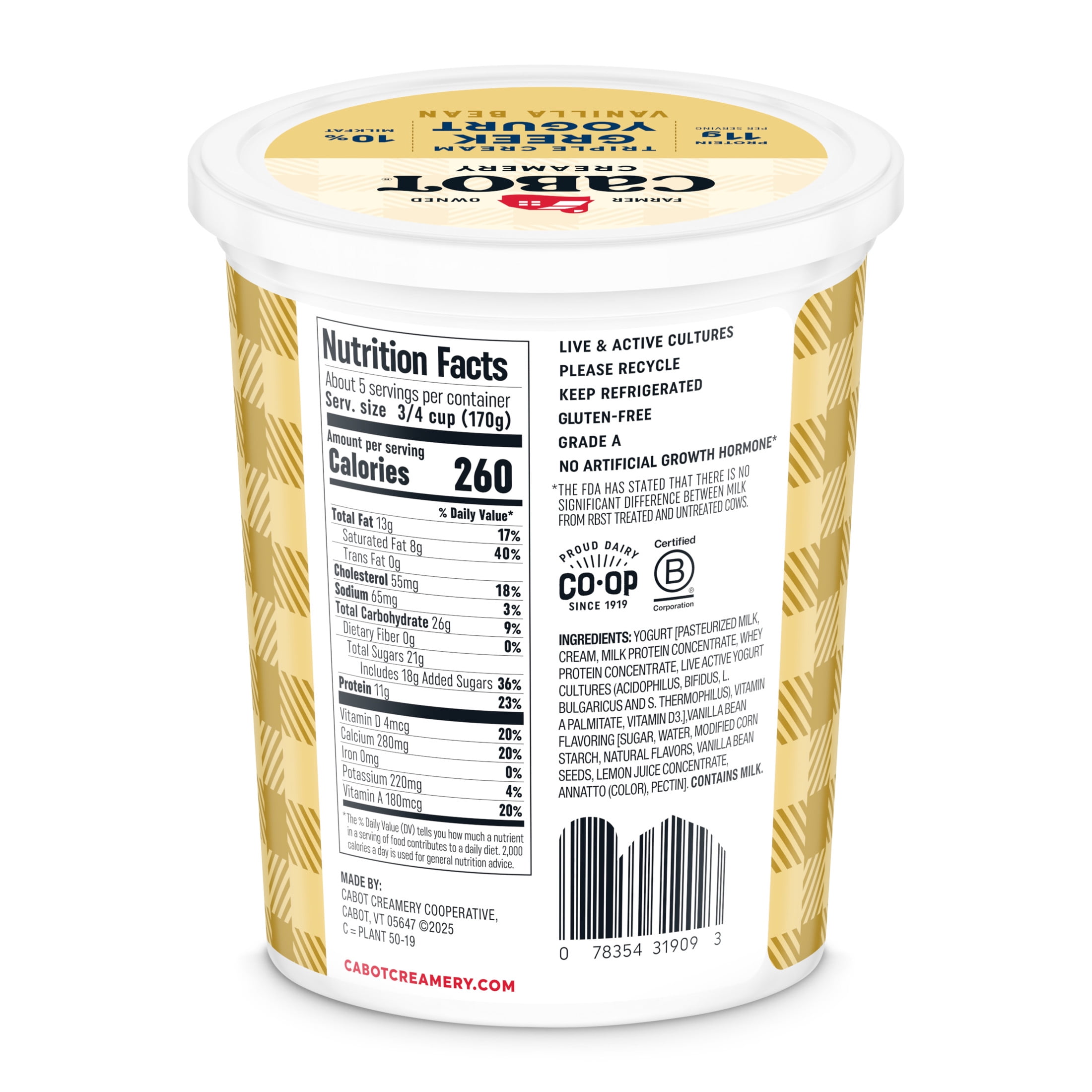 Cabot Creamery Triple Cream Vanilla Bean Greek Yogurt 2 lb (Refrigerated)
