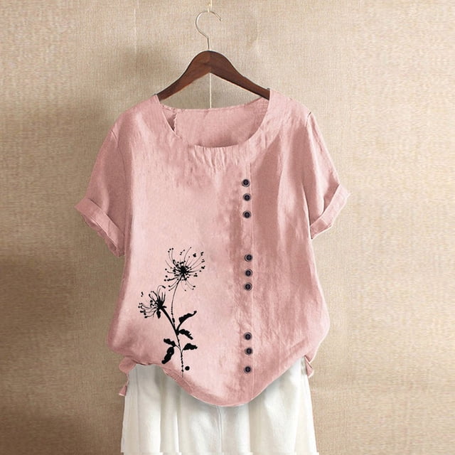 JUNWELL Hauts pour Femmes en Liquidation Mode Été Ample Imprimé Col Rond T-Shirt Manches Courtes Blouse Décontractée