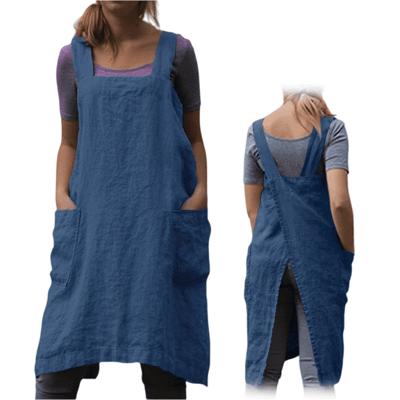 longantii Women's Practical Cross Back Pinafore Apron with Large Pockets Home Kitchen,Restaurant,Coffee House,Cooking,Gardening Dark Blue L