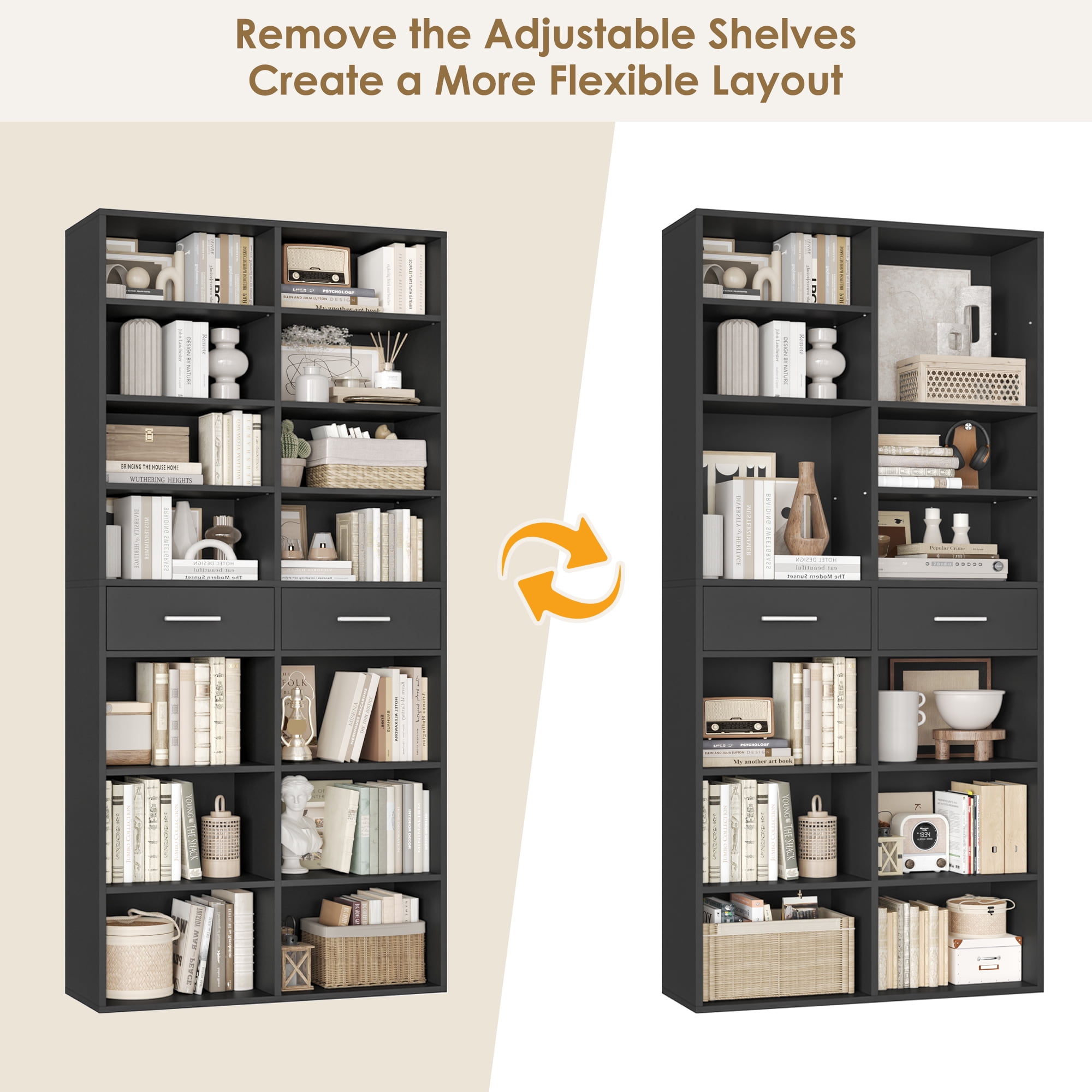 Homfa 7-Tier Bookcase with 2 Drawers, 72.8" H Double Wide Bookcase with 4 Adjustable Shelves for Study Office Living Room, Black