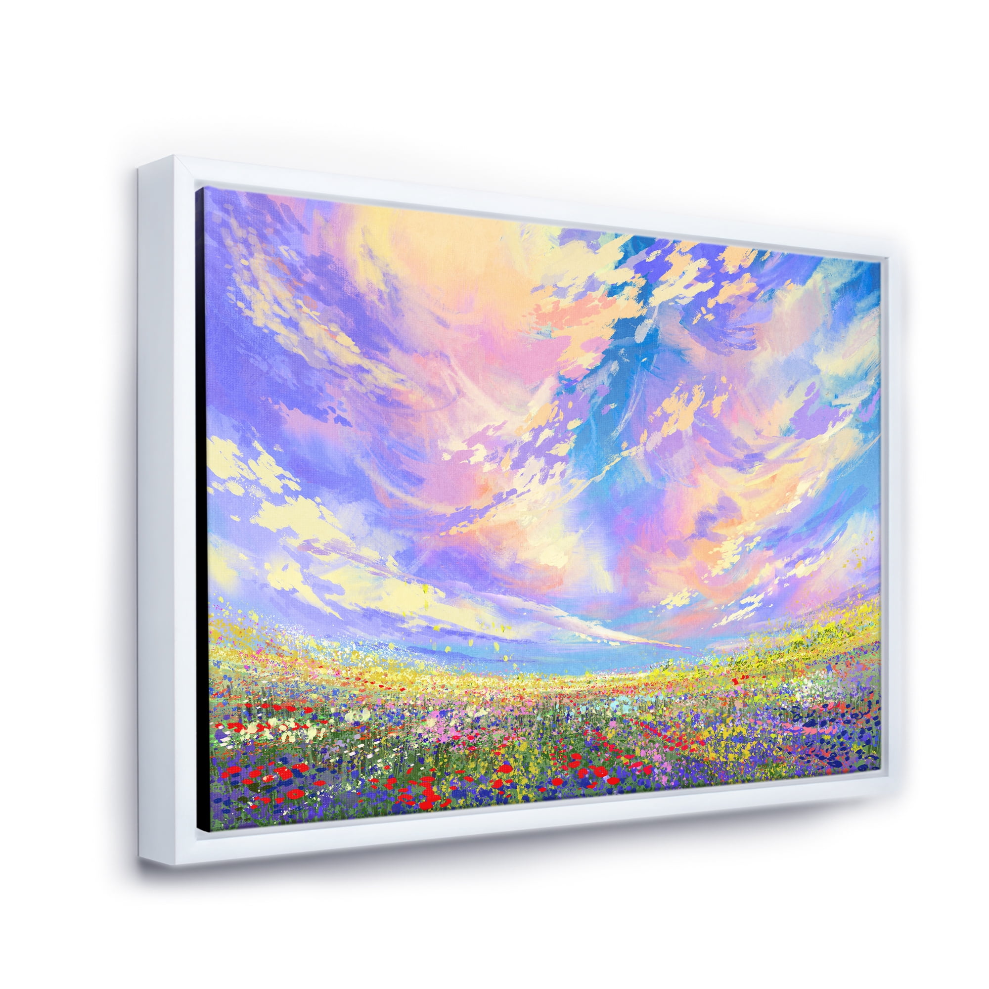 Designart 'Gorgeous Clouds Over Colorful Flowers In Field' Traditional Framed Canvas Wall Art Print
