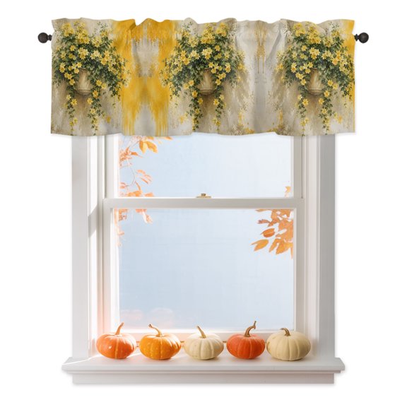 Yellow Flower Leaves Country Style Valances for Windows,Kitchen Valance Rod Pocket Short Curtain 42x12in, Vintage Wall Valance Curtain Window Valances for Bedroom Bathroom Living Room