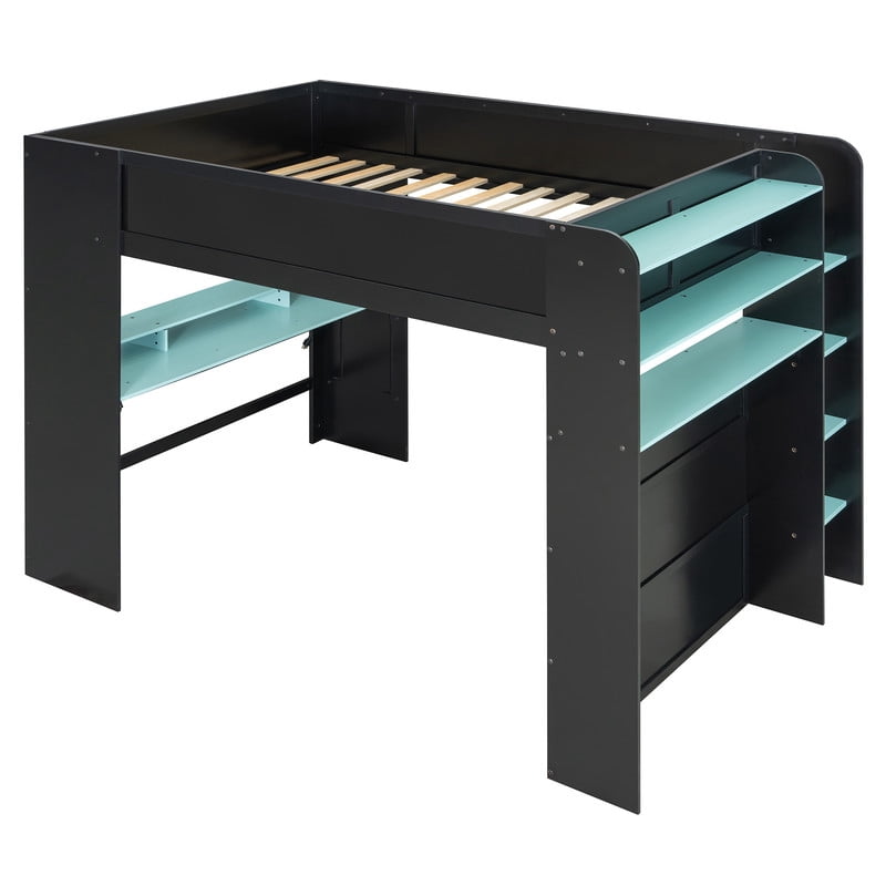 Full Size Wood Loft Bed with Desk, Wardrobe and Storage, Height Adjustable Gaming Loft Bed with USB Charging Port, RGB LED Light Strip, PC Tower Space and Shelves for Bedroom