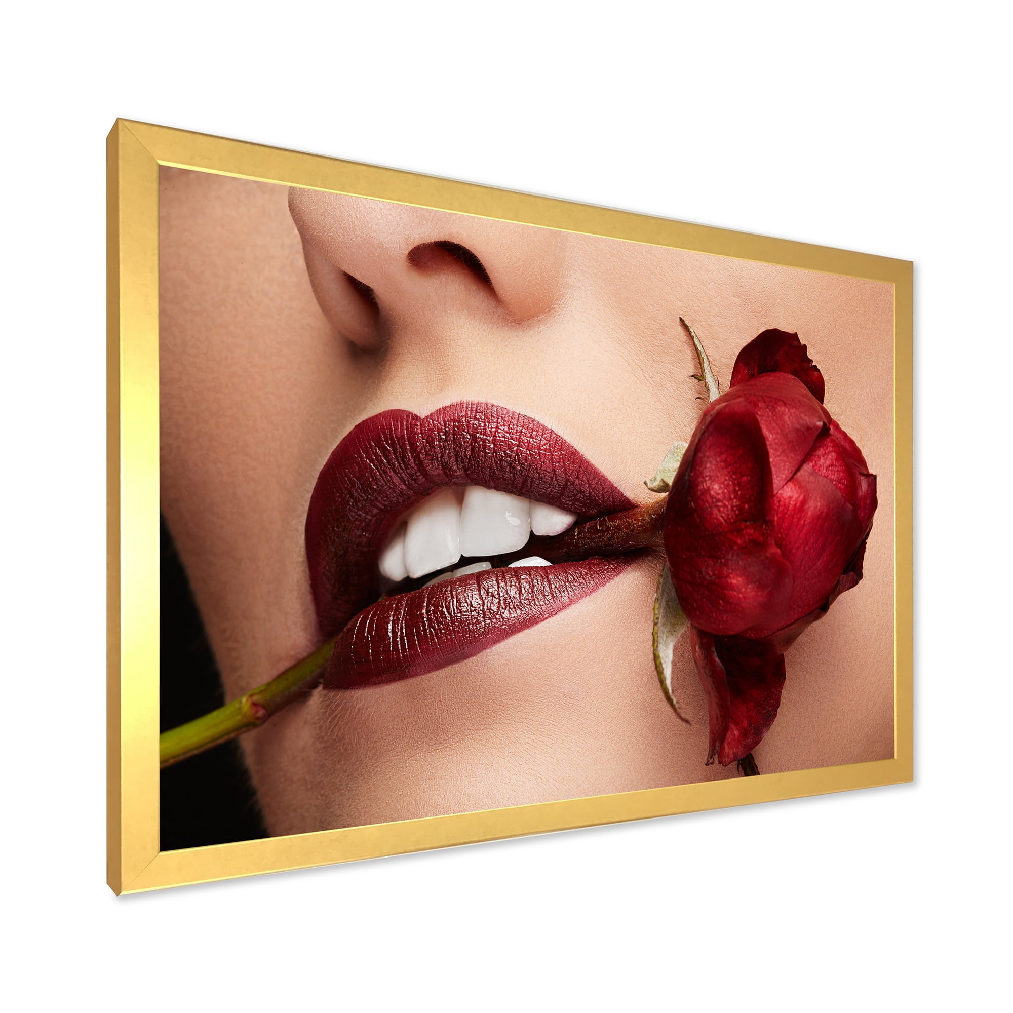 Designart 'Girl With Red Lipstick Holding A Rose In Mouth' Modern Framed Art Print