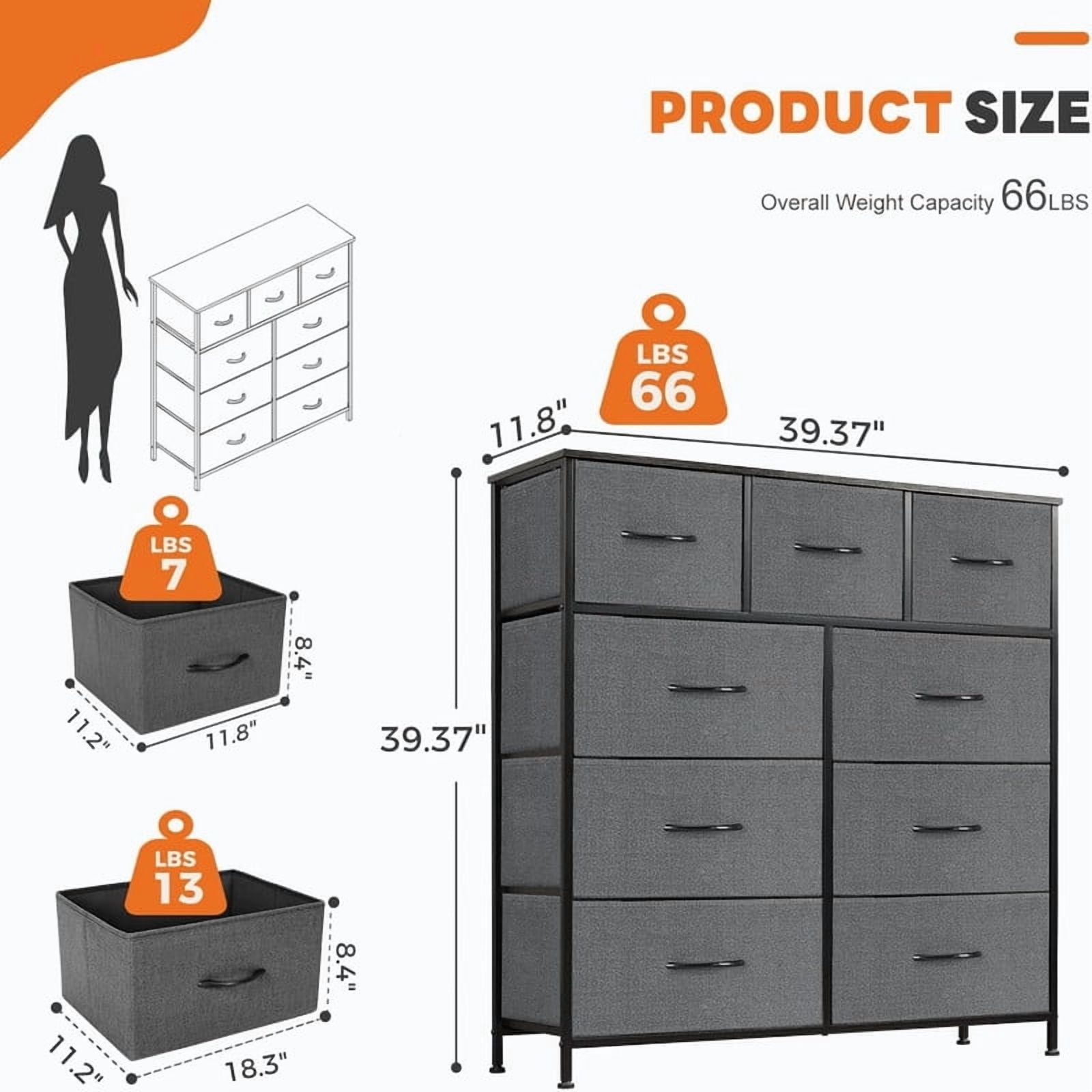 Kelno 9 Drawer Fabric Dresser Tall Storage Chest Drawer Organizer Storage Cabinet, Grey
