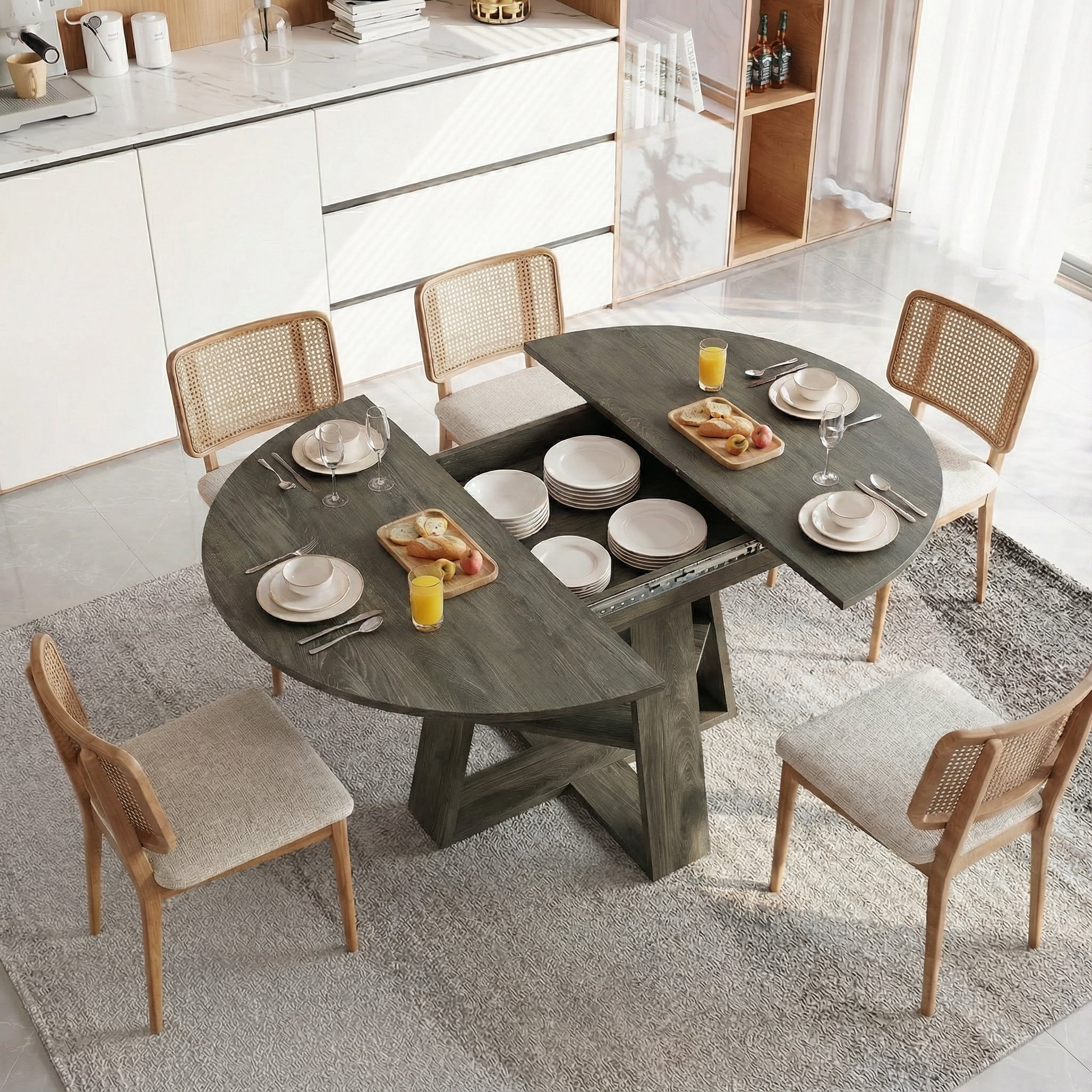 Miniyam Extendable Round Dining Table for 4–8 People, 43.3” to 59” Retractable Kitchen Table with Storage Shelf, Farmhouse Dining Table, Gray