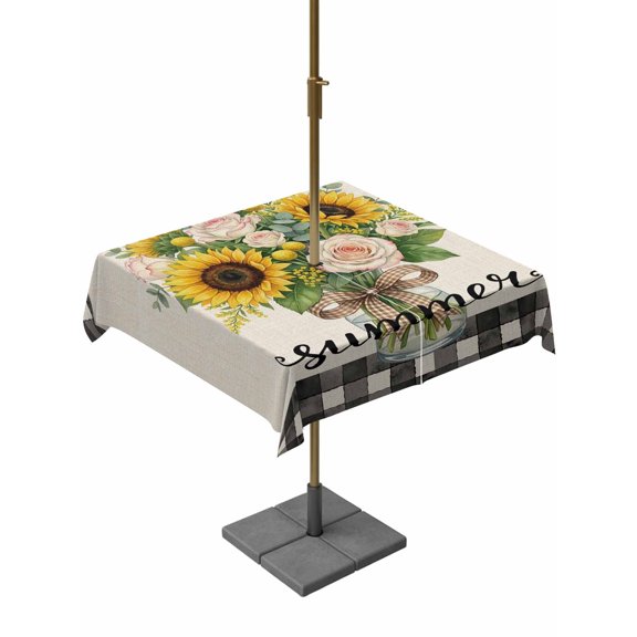 Outdoor Tablecloth with Umbrella Hole for Patio/Picnic/Party/Camping, Sunflowers Rose Waterproof Table Cloth Square Cover Washable, Retro Botanical Floral Eucalyptus Leaf Plaid (54"x 54")