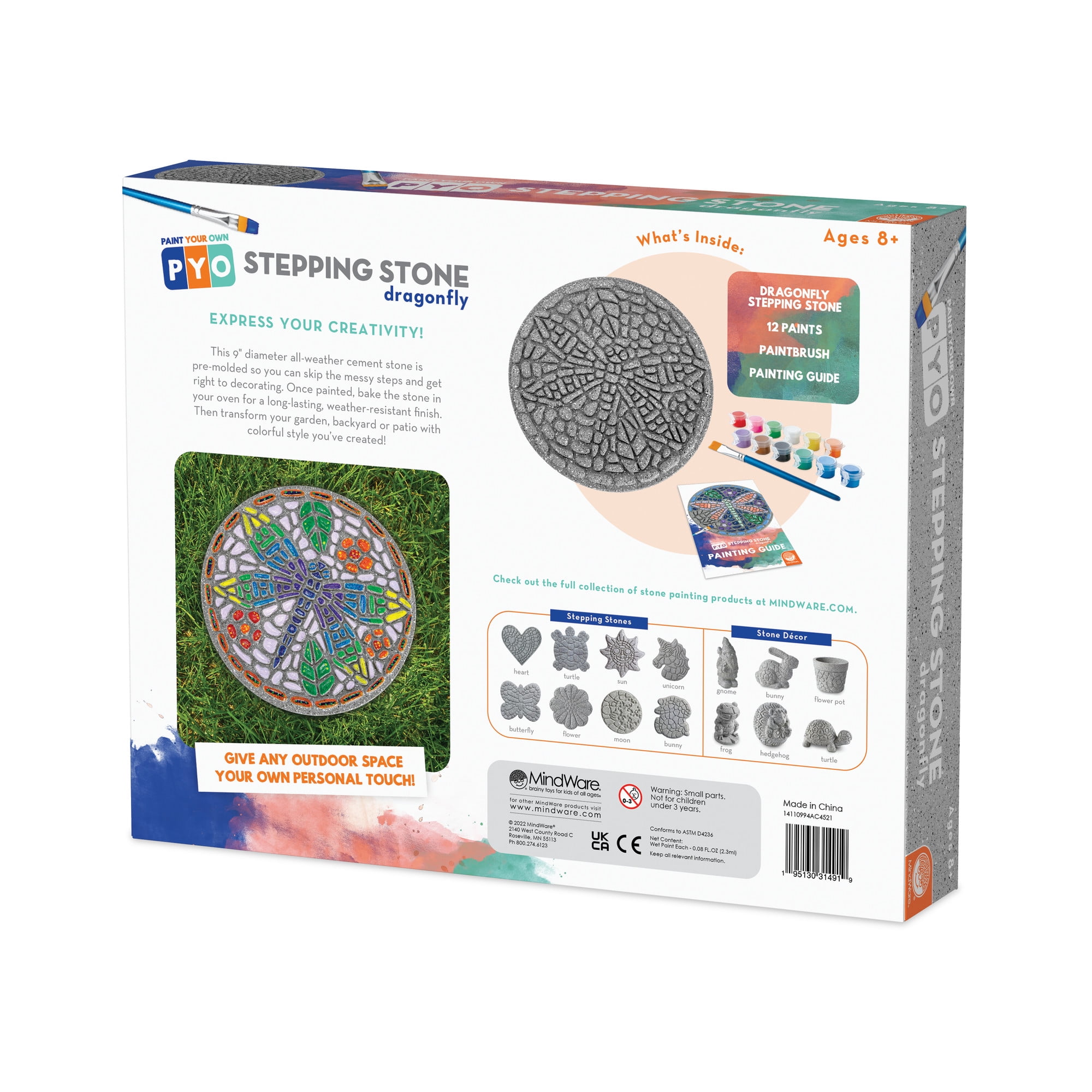 MindWare Paint Your Own Stepping Stone: Dragonfly, Paint Your Own Stepping Stones for Kids Craft Kit Includes Paint, Brushes and Instructions