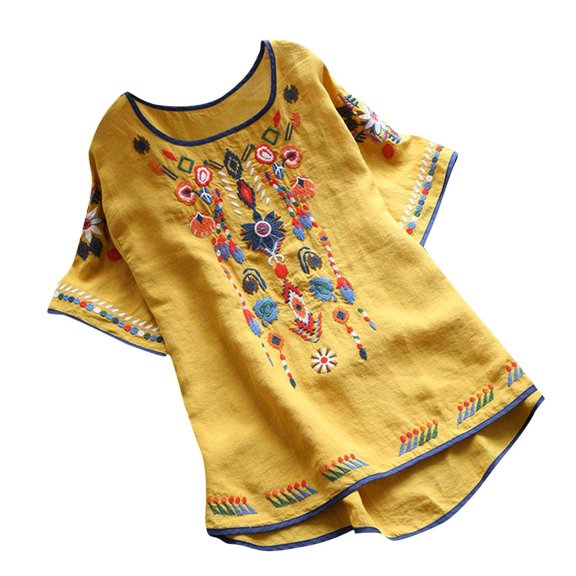 YDFCWXW Shirts for Women Boho Tops Loose Short Sleeve Bohemian Blouses Summer Outfits Yellow, XL