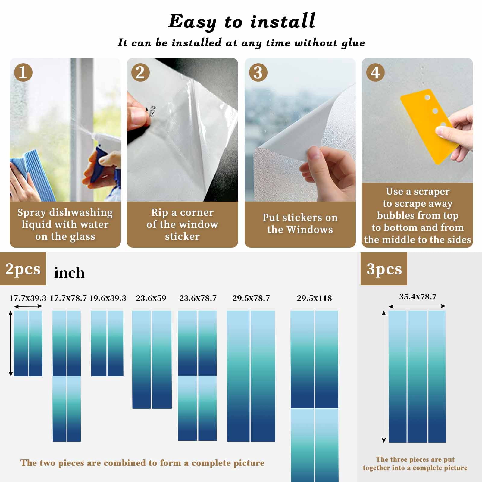 Blue Cyan Window Privacy Film, Gradient Abstract Ombre Art Frosted Glass Window Clings Static Cling UV Heat Blocking Reusable Door Sticker for Bathroom 23.6 x 59 Inch