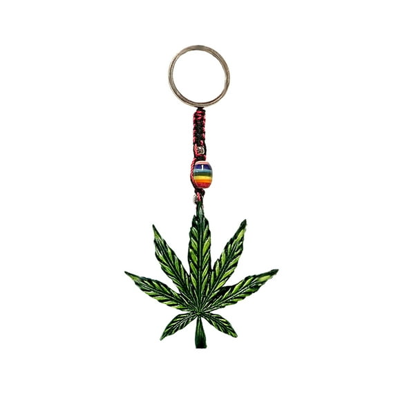 Hemp Leaf 3D Figurine Keychain Multicolored Macramé Metal Ring - Handmade Gifts Boho Car Keys Bag Accessories