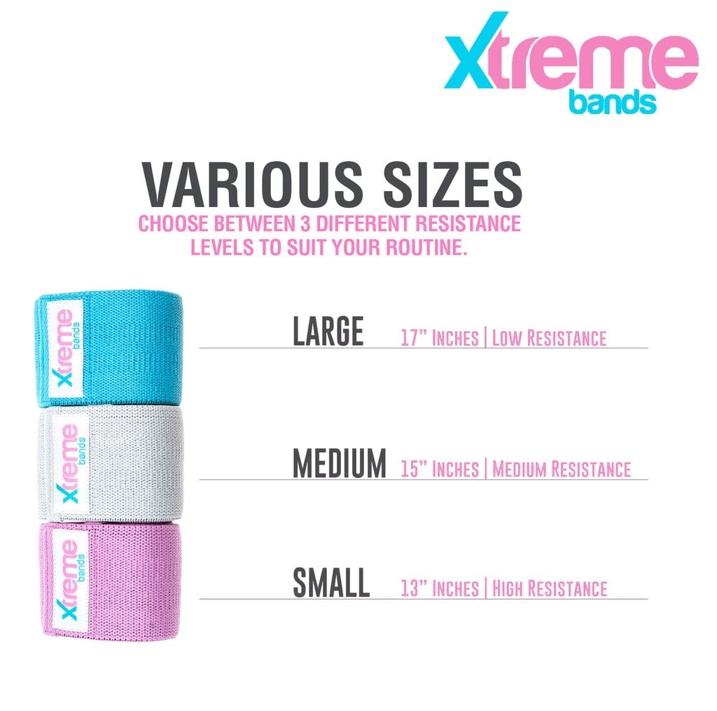 Xtreme Bands Hip Resistance Bands 3 Pack, Fabric Non Slip Booty Bands Set, Pink Teal White