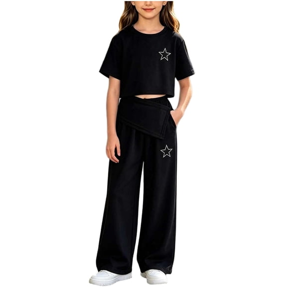 OGLCCG Girl's 2 Piece Outfits Y2k Graphic Short Sleeve T Shirt Tops and Wide Leg Pants Set Summer Streetwear Clothing Sets Size 7-15