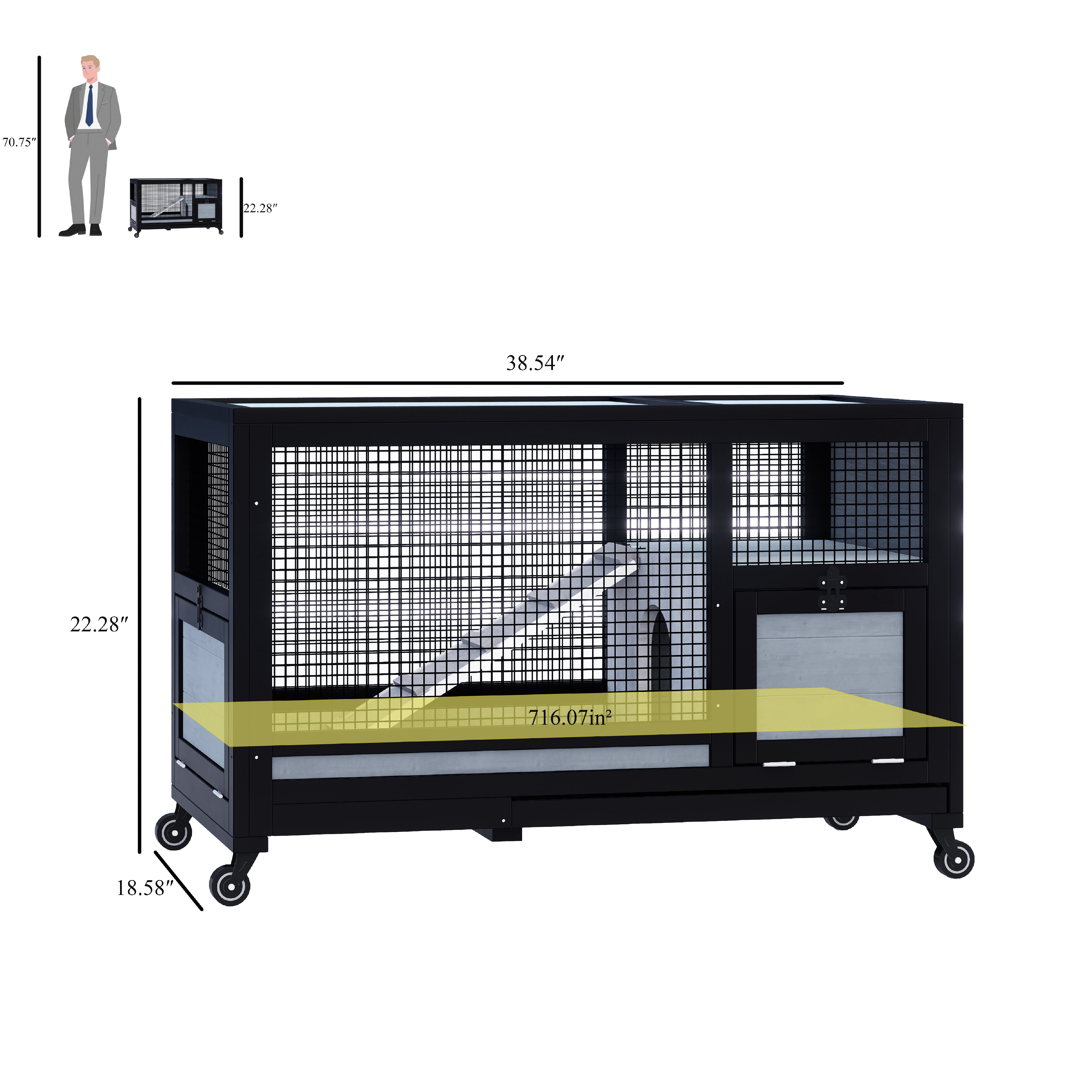 Rabbit Hutch with Wheels for Indoor Outdoor, Wooden Rabbit Cage with Removable Leak Proof Tray, Mobile Bunny Cage