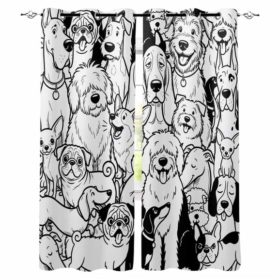 Black Dog Blackout Curtains for Bedroom/Living Room, Thermal Insulated Kitchen Curtains, Cute Line Cartoon Funny Animals Grommet Darkening Window Treatment Drapes 42"x84"x2