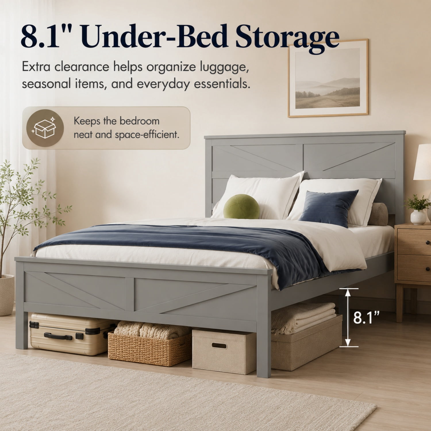 Miniyam Queen Bed with Barn Door Headboard and Footboard, Farmhouse Wood Platform Bed Frame, Gray
