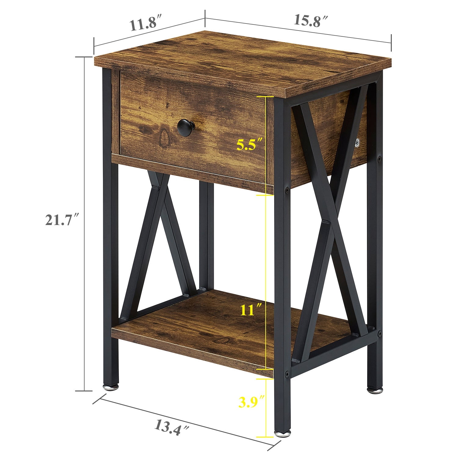 VECELO Nightstands Set of 2, Industrial End Table with 1-Drawer & Storage Shelf, Small Bedside Table Organizer for Small Space, Side Table for Bedroom Living Room, Antique Brown