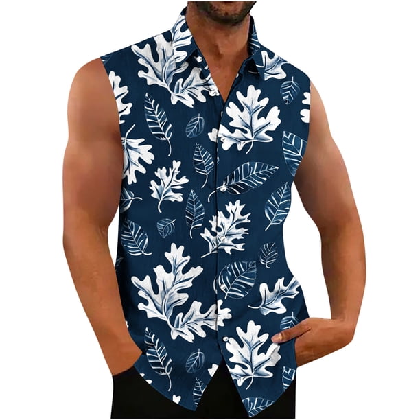 Top de Tanque para Hombres Botón de Impresión de los Hombres Casual Turndown Collar Top de Tanque