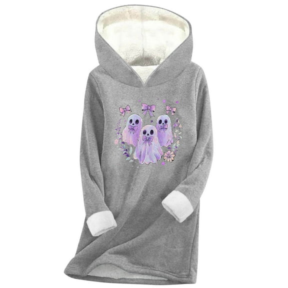 Womens Halloween Fleece Lined Hoodie Sweatshirt Cute Ghost Casual Long Sleeve Winter Warm Sherpa Pullover Tunics Top