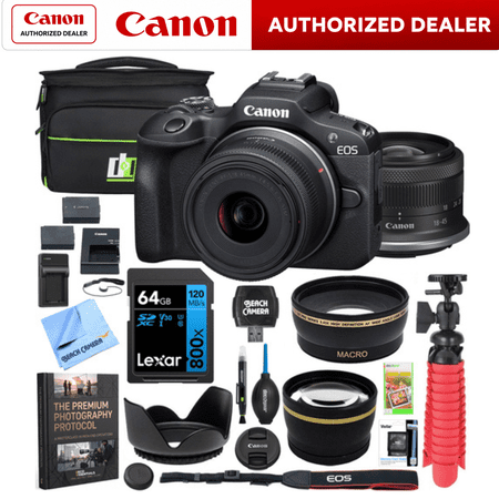 Canon EOS R100 Mirrorless Camera Body with RF-S 18-45mm F4.5-6.3 IS STM Lens 6052C012 Bundle with Double Battery, Memory Card, Deco Gear Deluxe Case and Mini Tripod & Accessories