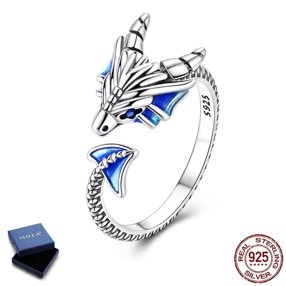 MULA 925 Sterling Silver Retro Dragon Adjustable Ring, Enamel Open Ring, Jewelry Gifts for Her