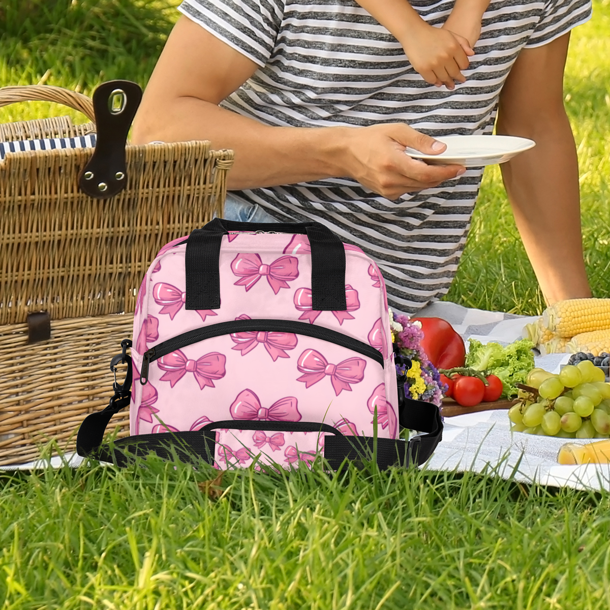 Herdesigns Bow Insulated Lunch Bag for Women Men Adults Large Reusable Lunch Box Pink Leakproof Cooler Tote Bags with Adjustable Shoulder Strap