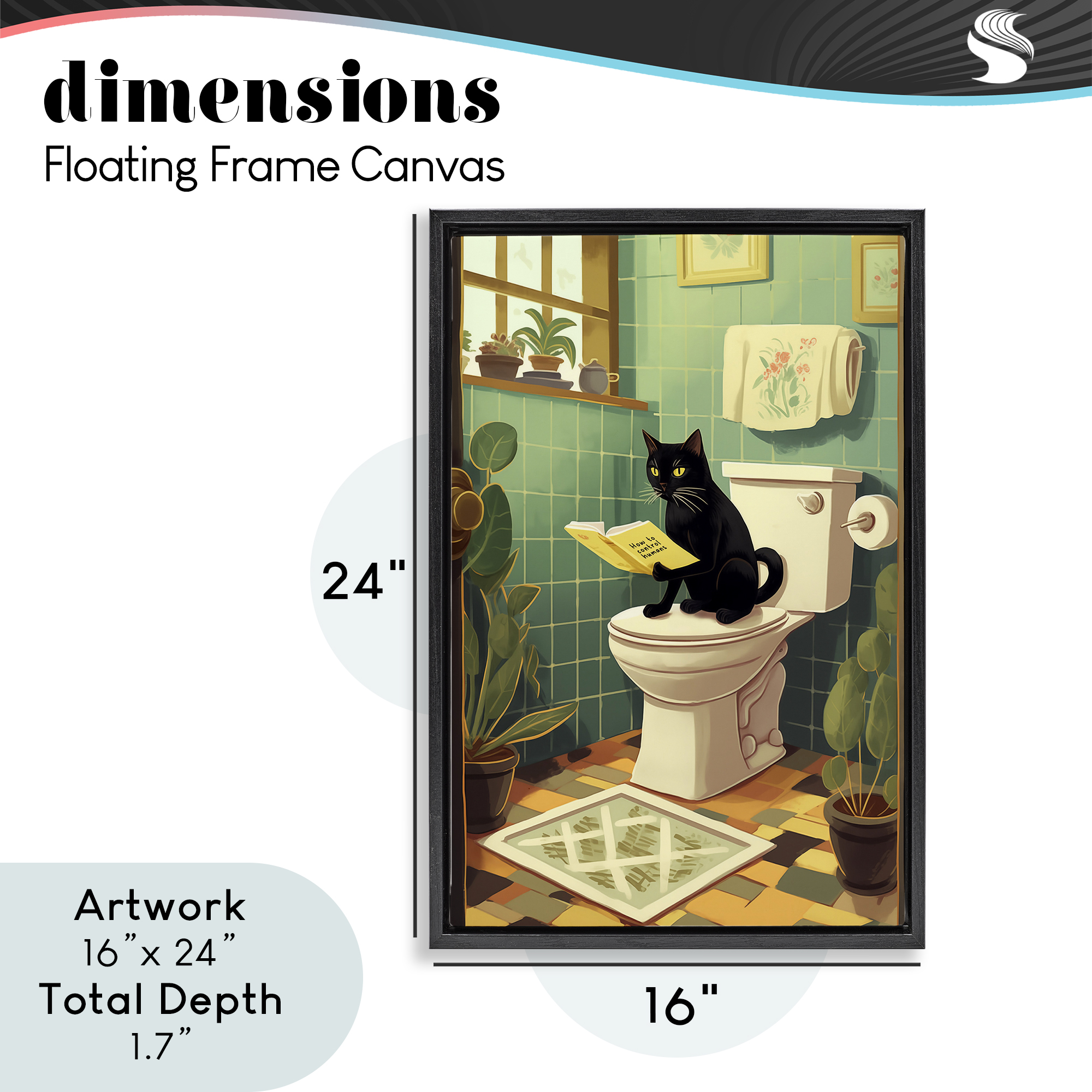 Cat Reading On Toilet Black Framed Floater Canvas Wall Art, design by Andreas Magnusson